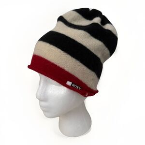 Roxy Beanie Toque Womens One Size Black Red Cream  Stripe Knit Lambswool Ski